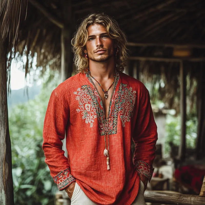 Men's Bohemian Print V Neck Long Sleeve Loose Fit Shirt 88494874Z sold by Manly product image thumbnail 3