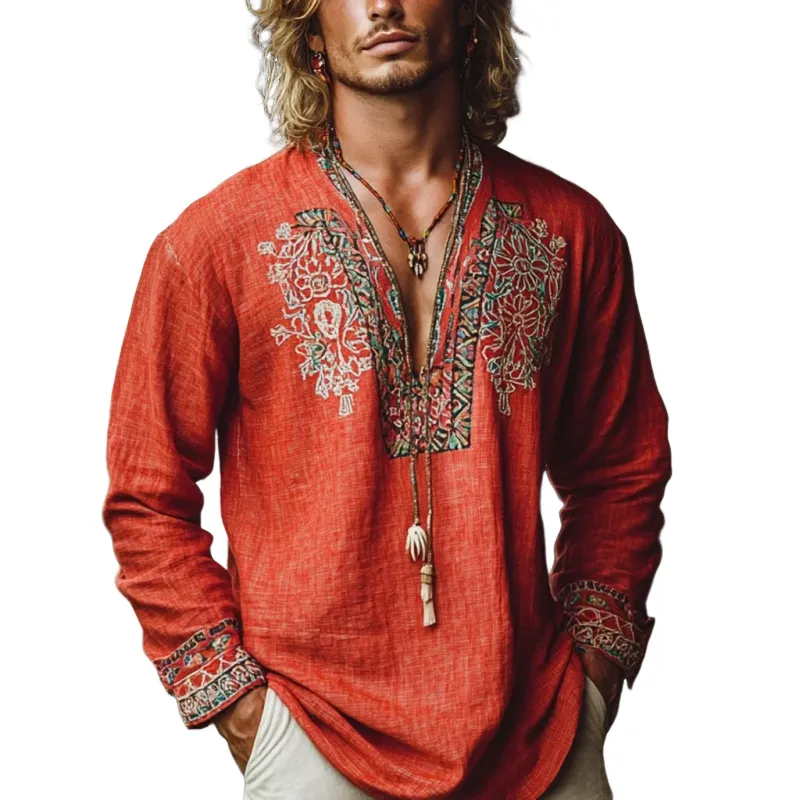 Men's Bohemian Print V Neck Long Sleeve Loose Fit Shirt 88494874Z sold by Manly