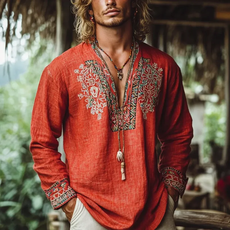 Men's Bohemian Print V Neck Long Sleeve Loose Fit Shirt 88494874Z sold by Manly product image thumbnail 2