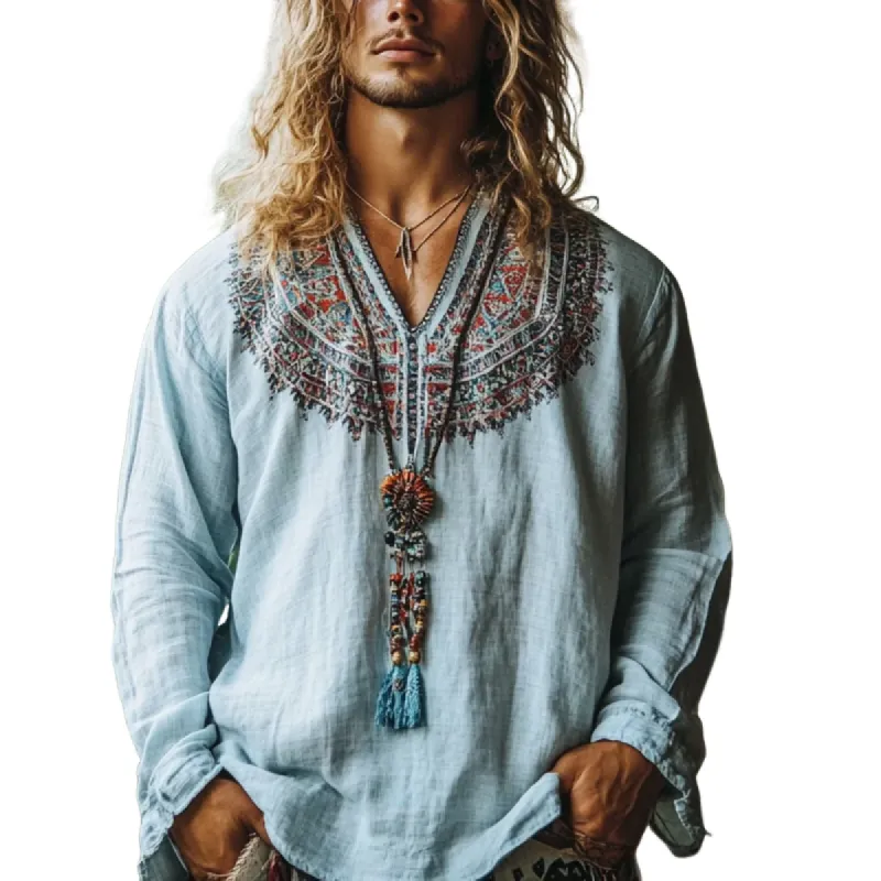 Men's Bohemian Print V Neck Long Sleeve Loose Fit Shirt 87851469Z sold by Manly