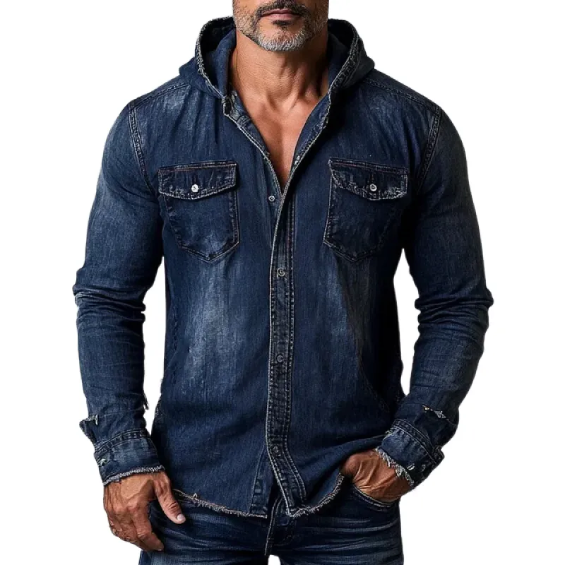 Men's Fashion  Sanding Distressed Hooded Chest Pocket Denim Shirt 54751170Z sold by Manly