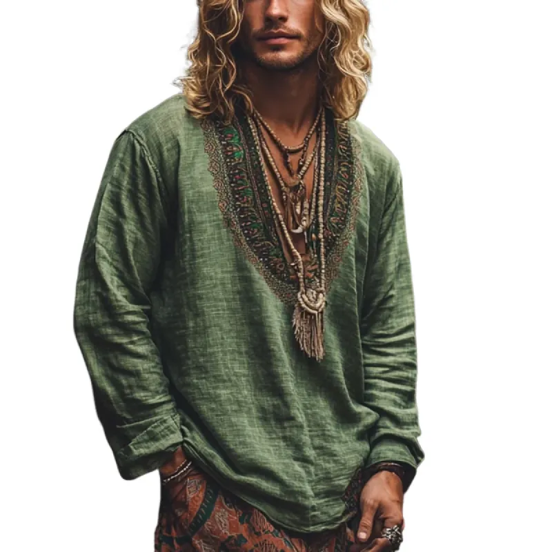 Men's Bohemian Print V Neck Long Sleeve Loose Fit Shirt 48847041Z sold by Manly