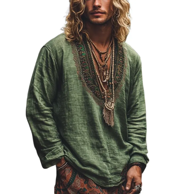 Men's Bohemian Print V Neck Long Sleeve Loose Fit Shirt 48847041Z sold by Manly
