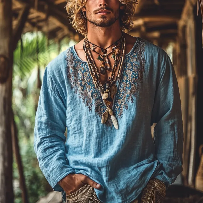 Men's Bohemian Print V Neck Long Sleeve Loose Fit Shirt 06624624Z sold by Manly product image thumbnail 2