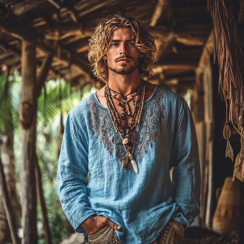 Men's Bohemian Print V Neck Long Sleeve Loose Fit Shirt 06624624Z sold by Manly product image thumbnail 3