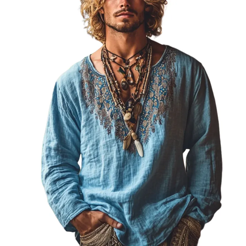 Men's Bohemian Print V Neck Long Sleeve Loose Fit Shirt 06624624Z sold by Manly