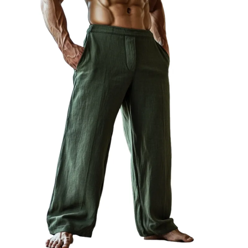 Men's Solid Color Loose Cotton And Linen Elastic Waist Casual Pants 82065014Z sold by Manly