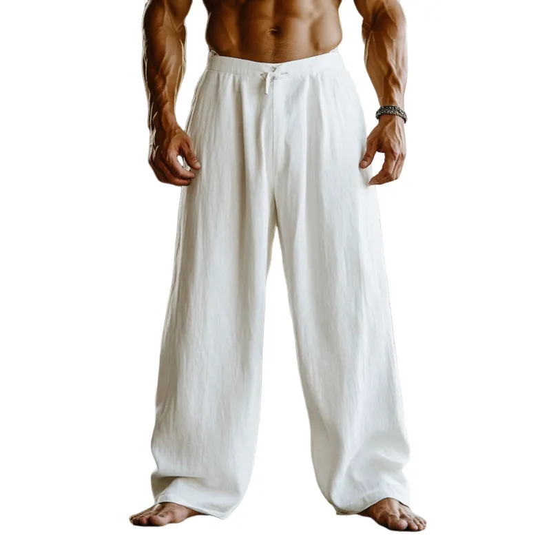 Men's Solid Color Loose Cotton And Linen Elastic Waist Casual Pants 05425737Z sold by Manly