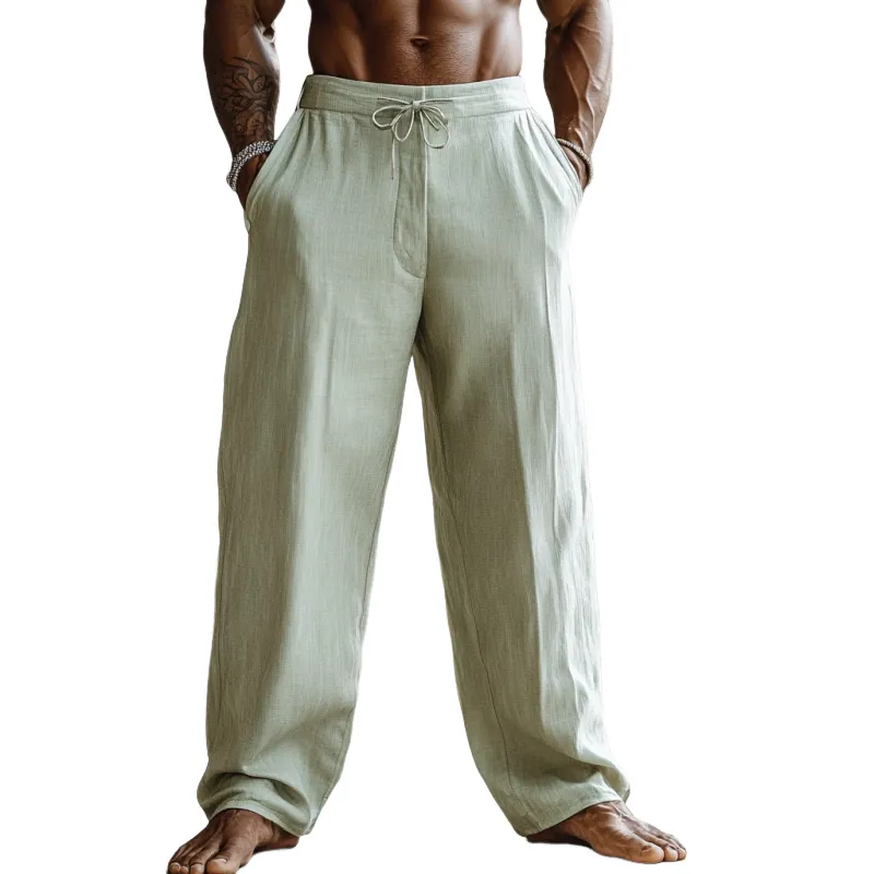Men's Solid Color Loose Cotton And Linen Drawstring Straight Casual Pants 24485201Z sold by Manly