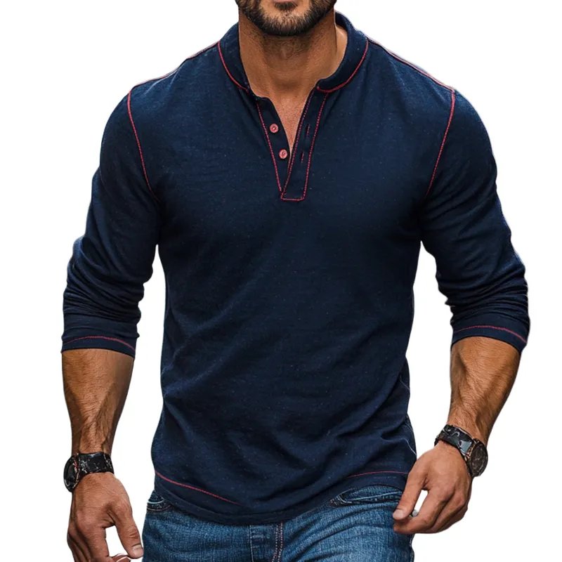 Men's Vintage Casual Henley Neck Long Sleeve T-Shirt 82490938TO sold by Manly