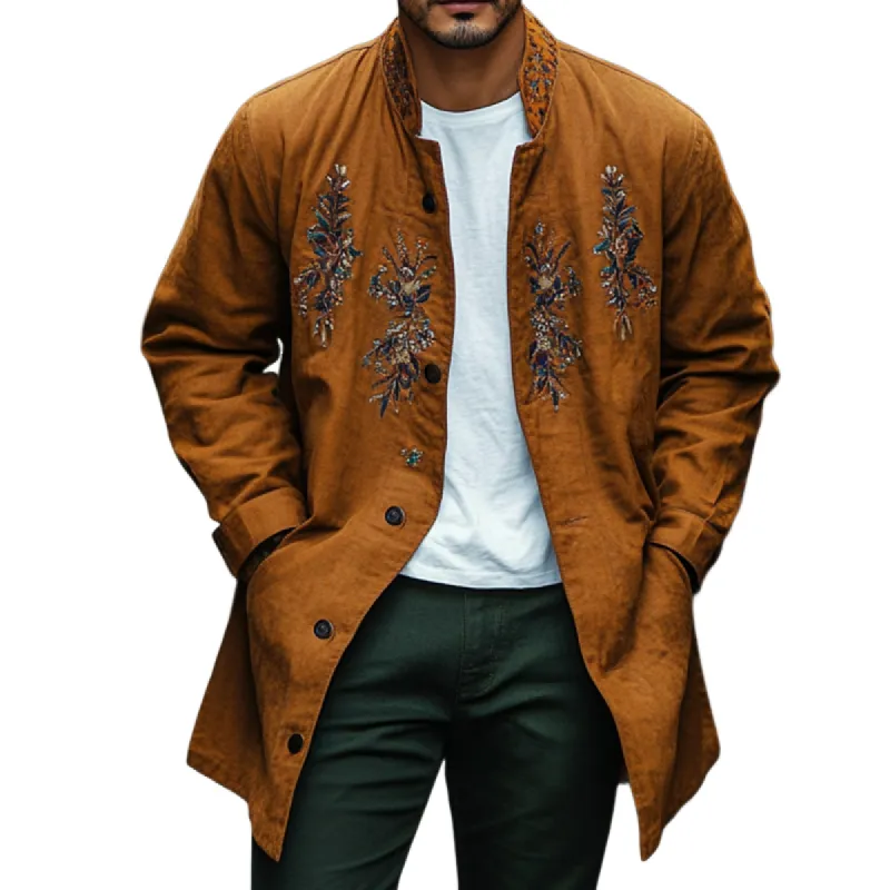 Men's Vintage Casual Embroidered Linen Stand Collar Single Breasted Jacket 30327605TO sold by Manly
