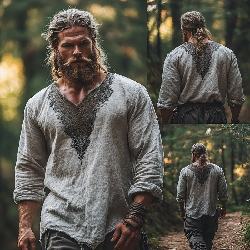 Men's Retro Casual Ethnic Style Printed Linen V-Neck Long Sleeve Shirt 04532062TO sold by Manly product image thumbnail 2