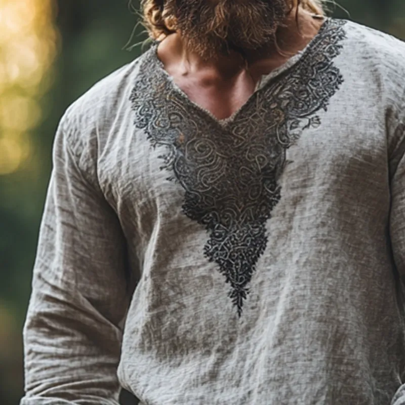 Men's Retro Casual Ethnic Style Printed Linen V-Neck Long Sleeve Shirt 04532062TO sold by Manly product image thumbnail 3