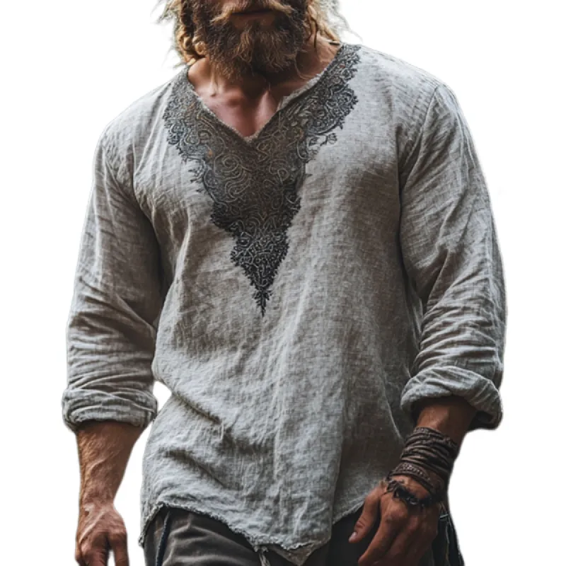 Men's Retro Casual Ethnic Style Printed Linen V-Neck Long Sleeve Shirt 04532062TO sold by Manly