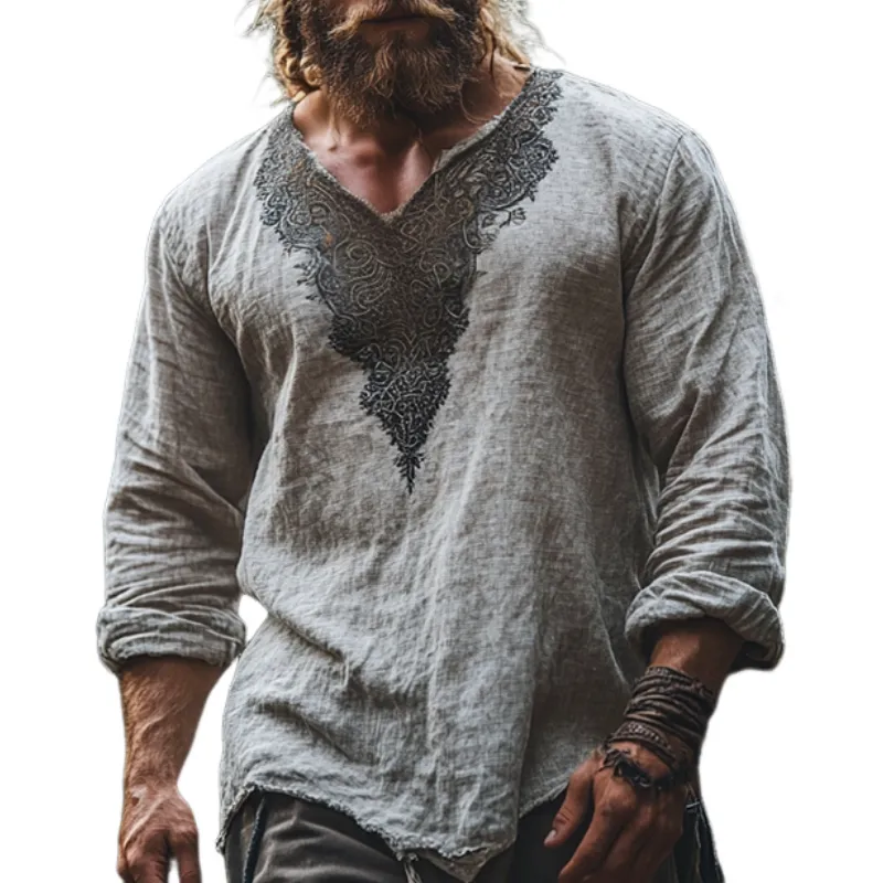 Men's Retro Casual Ethnic Style Printed Linen V-Neck Long Sleeve Shirt 04532062TO sold by Manly