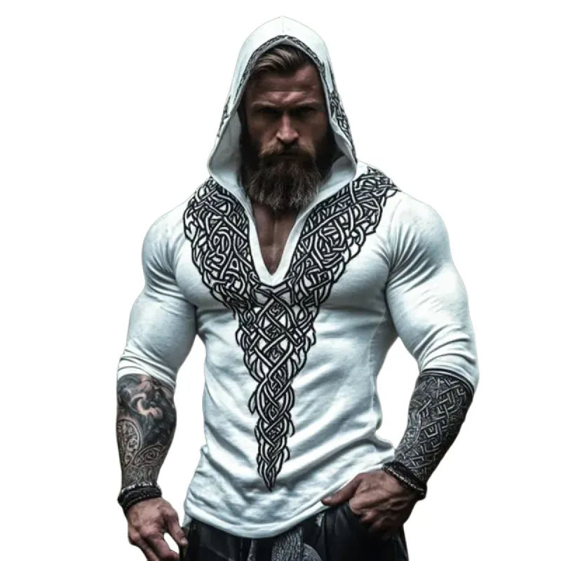Men's Retro Casual Viking Totem Print Hooded Long Sleeve T-shirt 16186529TO sold by Manly