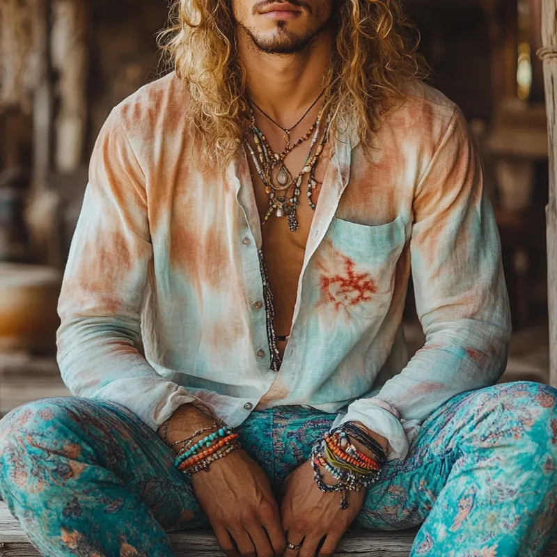 Men's Retro Casual Gradient Print Linen Pocket Lapel Long Sleeve Shirt 15326859TO sold by Manly product image thumbnail 2