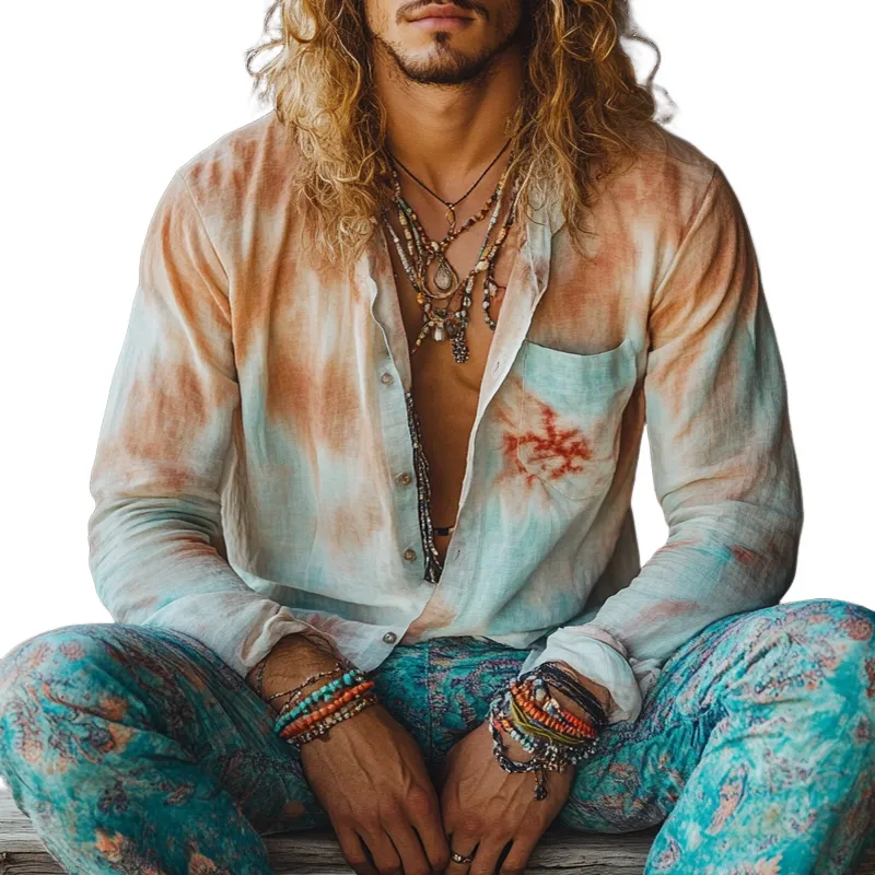 Men's Retro Casual Gradient Print Linen Pocket Lapel Long Sleeve Shirt 15326859TO sold by Manly