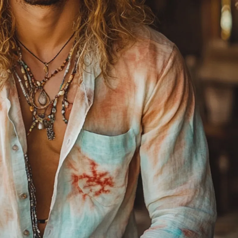 Men's Retro Casual Gradient Print Linen Pocket Lapel Long Sleeve Shirt 15326859TO sold by Manly product image thumbnail 3