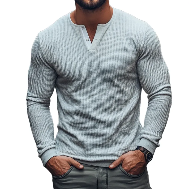 Men's Vintage Casual Waffle Henley Neck Long Sleeve T-Shirt 69626419TO sold by Manly