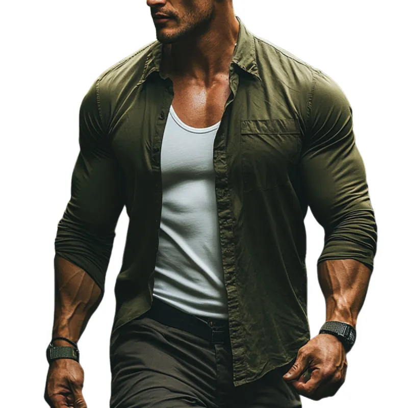 Men's Vintage Casual Solid Color Outdoor Pocket Lapel Long Sleeve Shirt 62492408TO sold by Manly