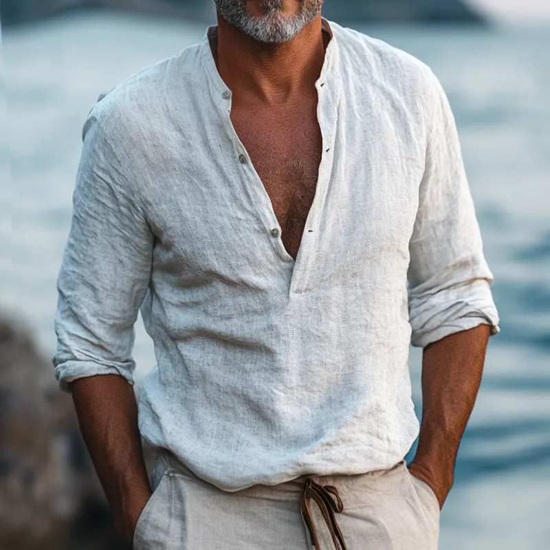 Men's Vintage Casual Cotton and Linen Henley Collar Long Sleeve Shirt 62435228TO sold by Manly product image thumbnail 2