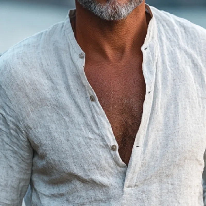 Men's Vintage Casual Cotton and Linen Henley Collar Long Sleeve Shirt 62435228TO sold by Manly product image thumbnail 3