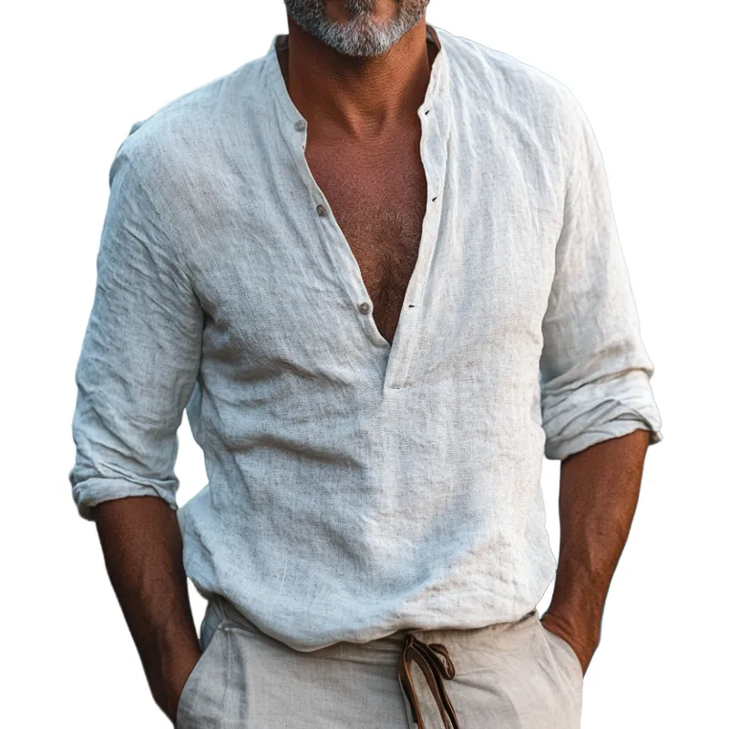Men's Vintage Casual Cotton and Linen Henley Collar Long Sleeve Shirt 62435228TO sold by Manly