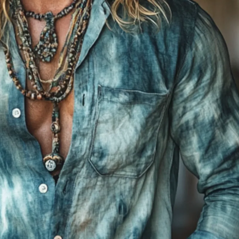 Men's Retro Casual Gradient Print Linen Pocket Lapel Long Sleeve Shirt 93541216TO sold by Manly product image thumbnail 3