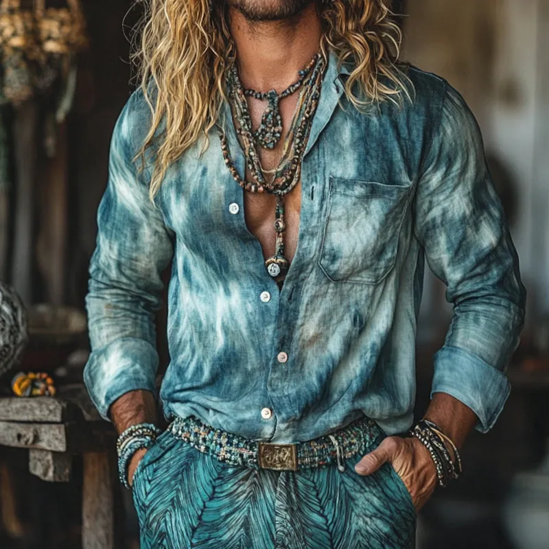 Men's Retro Casual Gradient Print Linen Pocket Lapel Long Sleeve Shirt 93541216TO sold by Manly product image thumbnail 2