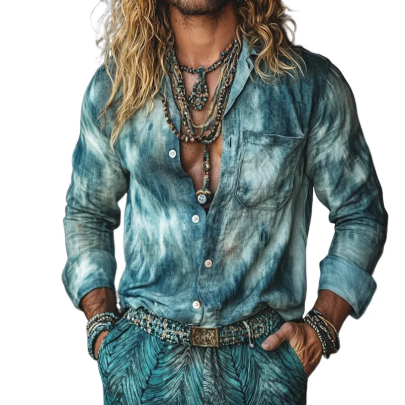 Men's Retro Casual Gradient Print Linen Pocket Lapel Long Sleeve Shirt 93541216TO sold by Manly