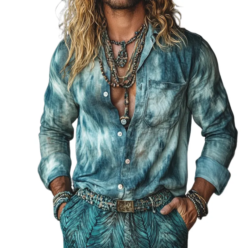 Men's Retro Casual Gradient Print Linen Pocket Lapel Long Sleeve Shirt 93541216TO sold by Manly