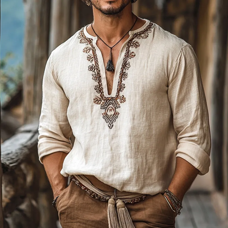 Men's Retro Casual Embroidered Linen V-Neck Long Sleeve Shirt 95765072TO sold by Manly product image thumbnail 2