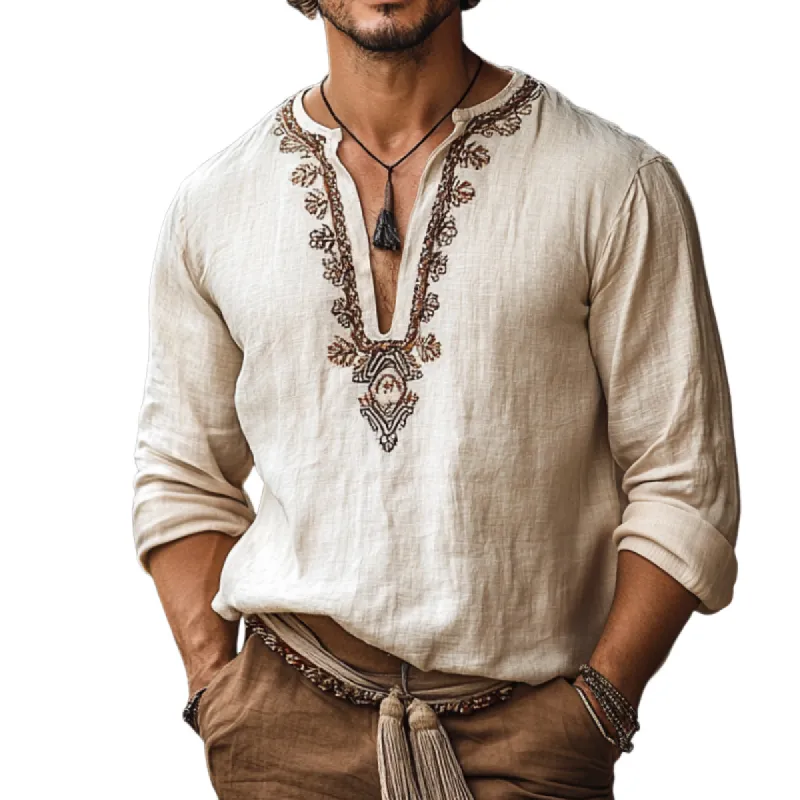 Men's Retro Casual Embroidered Linen V-Neck Long Sleeve Shirt 95765072TO sold by Manly