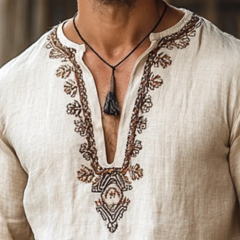 Men's Retro Casual Embroidered Linen V-Neck Long Sleeve Shirt 95765072TO sold by Manly product image thumbnail 3