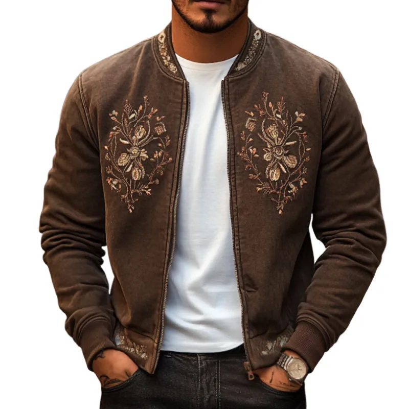 Men's Vintage Casual Embroidered Distressed Stand Collar Zipper Jacket 24596132TO sold by Manly