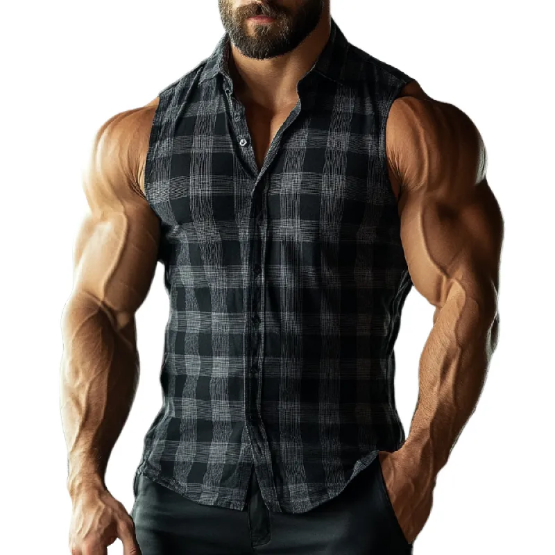 Men's Casual Cotton Plaid Lapel Slim Fit Sleeveless Shirt 29352910M sold by Manly