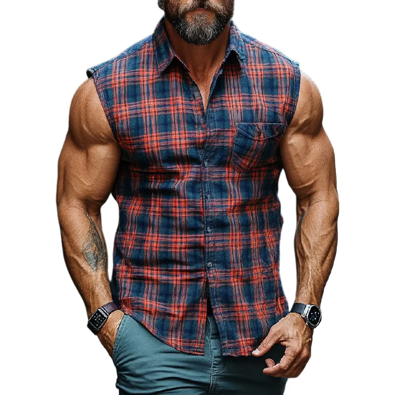Men's Casual Cotton Plaid Lapel Chest Pocket Slim Fit Sleeveless Shirt 29703417M sold by Manly