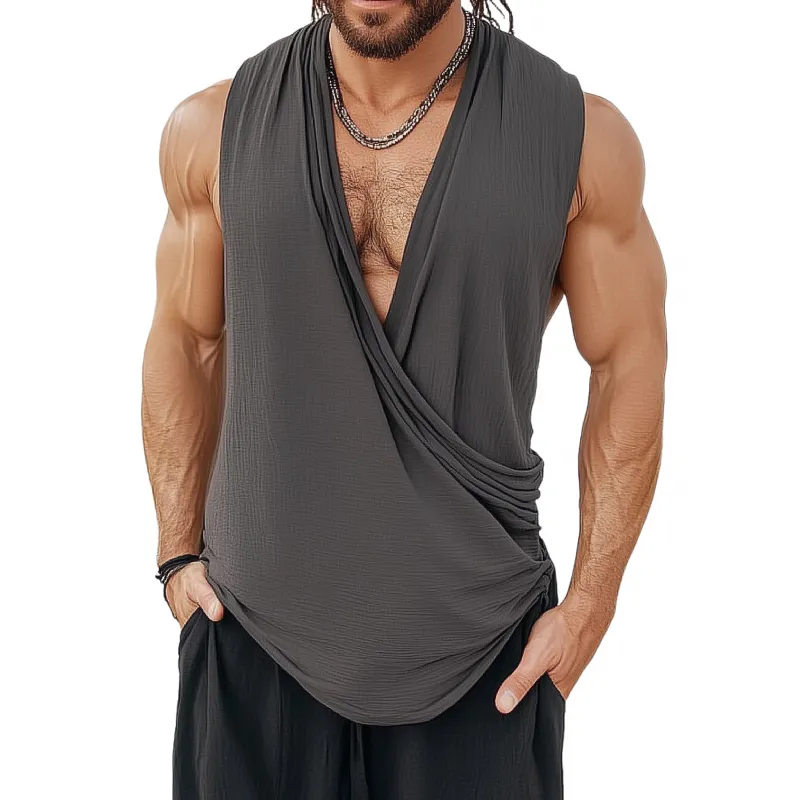 Men's Casual V-neck Cotton Linen Cross-pleated Loose Tank Top 60784451M sold by Manly