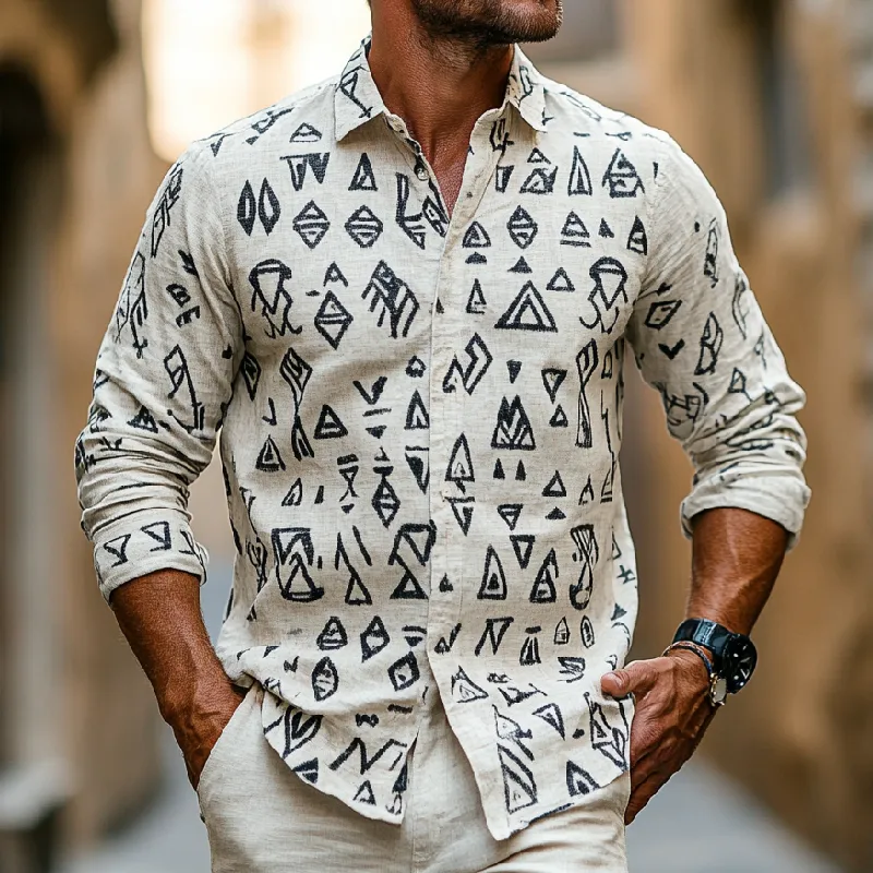 Men's Casual Lapel Cotton and Linen Printed Long Sleeve Shirt 52428114F sold by Manly product image thumbnail 2