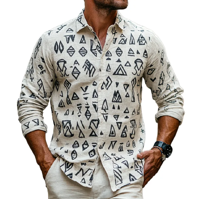 Men's Casual Lapel Cotton and Linen Printed Long Sleeve Shirt 52428114F sold by Manly
