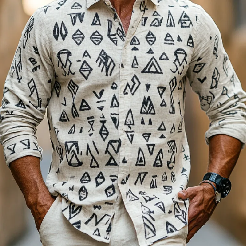 Men's Casual Lapel Cotton and Linen Printed Long Sleeve Shirt 52428114F sold by Manly product image thumbnail 3