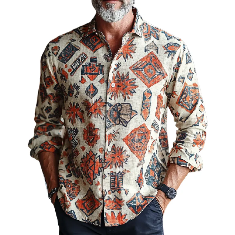 Men's Casual Fashion Lapel Cotton and Linen Printed Long Sleeve Shirt 63622812F sold by Manly