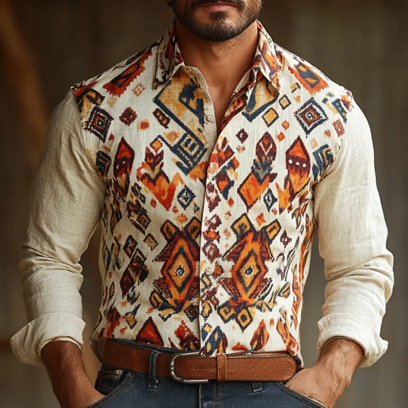 Men's Retro Lapel Cotton and Linen Printed Long Sleeve Shirt 74772330F sold by Manly product image thumbnail 2