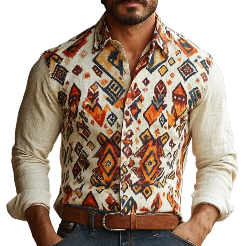 Men's Retro Lapel Cotton and Linen Printed Long Sleeve Shirt 74772330F sold by Manly