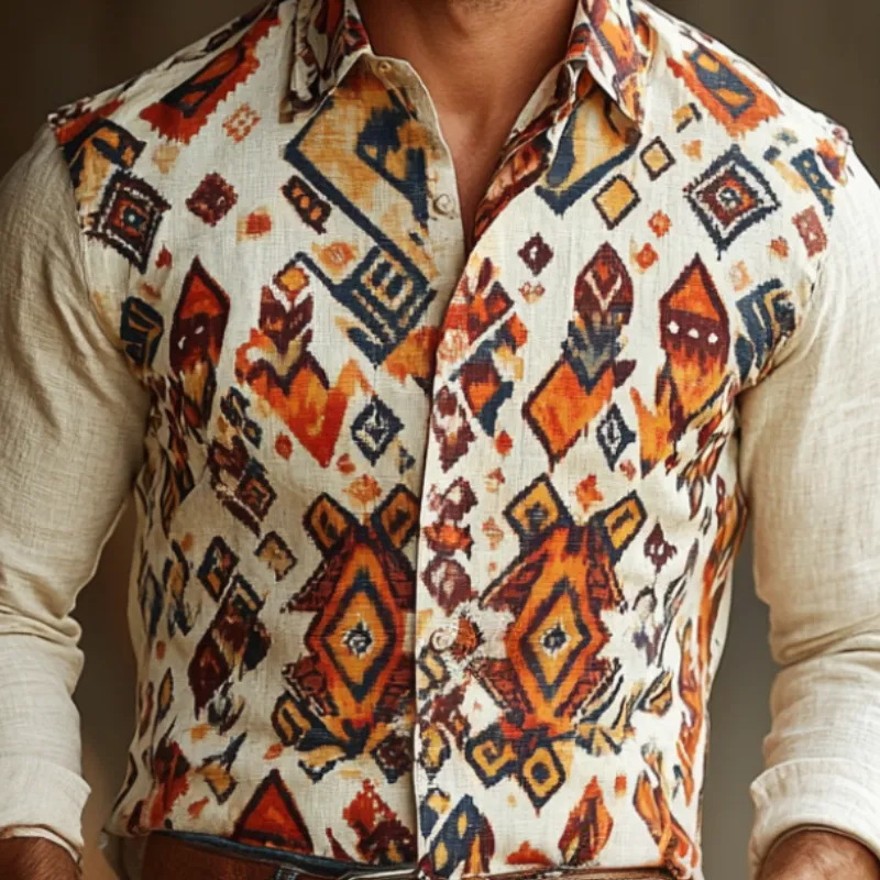 Men's Retro Lapel Cotton and Linen Printed Long Sleeve Shirt 74772330F sold by Manly product image thumbnail 3