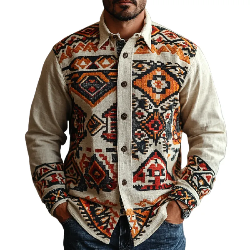 Men's Vintage Cotton and Linen Printed Lapel Long Sleeve Shirt 30035582F sold by Manly