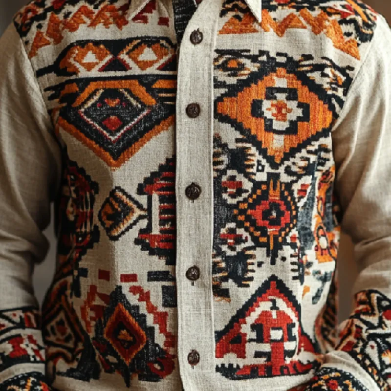 Men's Vintage Cotton and Linen Printed Lapel Long Sleeve Shirt 30035582F sold by Manly product image thumbnail 3