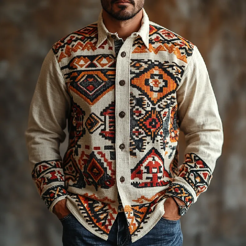 Men's Vintage Cotton and Linen Printed Lapel Long Sleeve Shirt 30035582F sold by Manly product image thumbnail 2