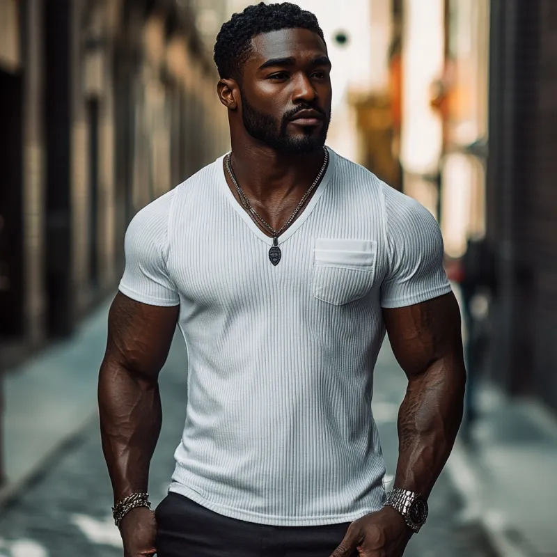 Men's Casual Ribbed Cotton Blend V-neck Slim Fit Short-sleeved T-shirt 94035365M sold by Manly product image thumbnail 3